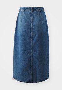 Jeans A-linje kjol, medelblå, knälång med rak skärning. Har en framdragkedja, midjeband och sidofickor. Slät textur.