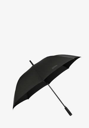 Black umbrella with a textured canopy, straight metal shaft, and a rubberized handle. Features the brand logo "BOSS" on the canopy.