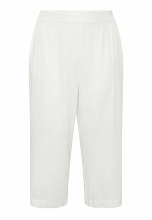Pantalones culottes de lino blanco con cintura elástica, corte relajado y longitud cropped, con una textura suave y un detalle mínimo.