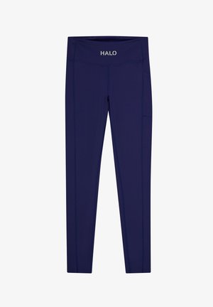 Marineblå leggings lavet af strækstof, med høj talje og sidelomme, synlige syningsdetaljer og "HALO"-logo på taljen.