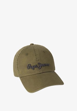 Gorra de béisbol de algodón verde oliva con visera curvada, con bordado en color gris oscuro de "Pepe Jeans" en la parte frontal y orificios de ventilación en la parte superior.