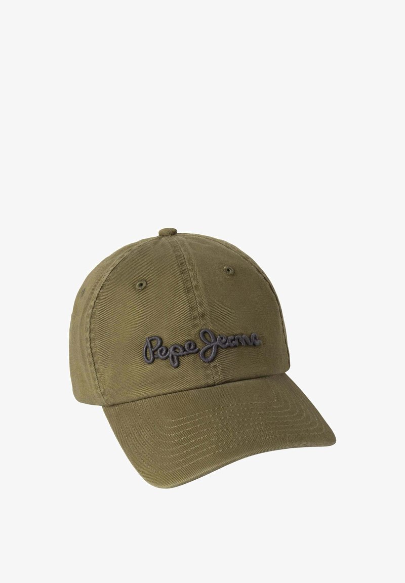 Gorra de béisbol de algodón verde oliva con visera curvada, con bordado en color gris oscuro de "Pepe Jeans" en la parte frontal y orificios de ventilación en la parte superior.