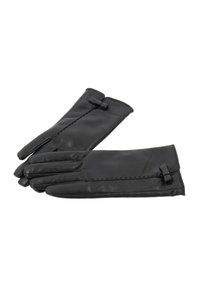 Guantes de cuero negro con una textura suave, presentan un diseño cosido y un pequeño lazo decorativo en la muñeca.