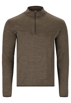 Brun langærmet pullover med kvart-zip krave, tekstureret stof og subtile syninger. Har et logo på brystet.
