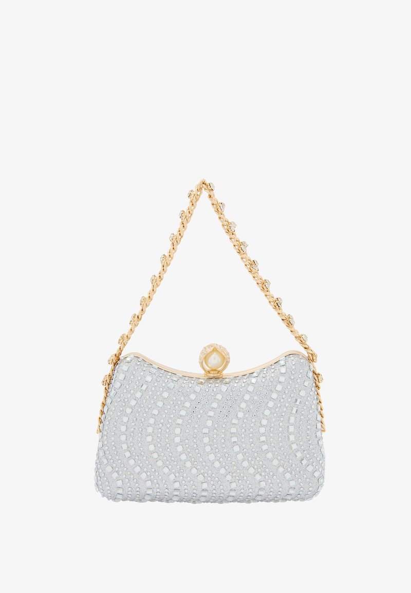 Ezüst gyöngyökkel díszített estélyi táska hullám mintával, arany lánc pánttal és gyöngy díszítéssel ellátott csattal. Téglalap alakú, sima felületű.