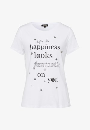 Biały T-shirt z krótkim rękawem z czarnym i srebrnym napisem "life is happiness looks fantastic on you" oraz rozrzuconymi srebrnymi kropkami.