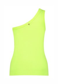 Eén-schouder, geribbelde top in fel neon groen met een gladde textuur en een gouden accentknop bij de schouder.