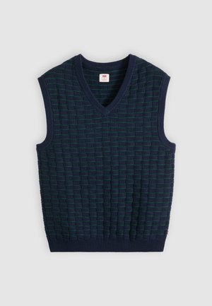 Μπλε ναυτικό αμάνικο πλεκτό γιλέκο με πράσινο υφή πλέγματος και λαιμόκοψη σε σχήμα V, απλωμένο επίπεδα σε ανοιχτό φόντο.