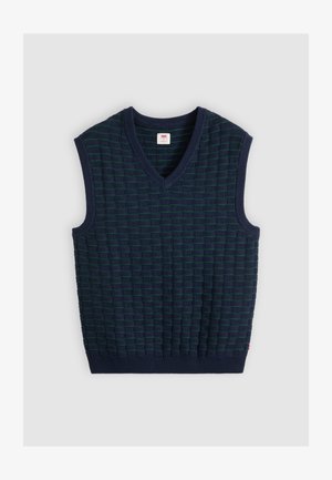 Tumsas zila bezroku adīta veste ar zaļu strukturētu režģa rakstu un V veida kakla izgriezumu, attēlota uz gaiša fona.