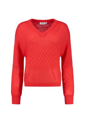 Red knit sweater featuring a v-neck, long sleeves, textured patterns, and ribbed cuffs and hem. Lightweight and casual design.
