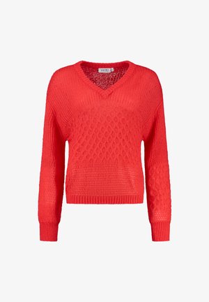 Rode gebreide trui met v-hals, lange mouwen, textuurpatronen en ribbels aan de manchetten en zoom. Lichtgewicht en casual ontwerp.