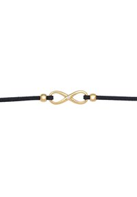 Sort snorarmbånd med et guld uendelighedssymbol med en lille diamantdetalje i midten og guldperleskader på begge sider.