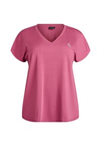 Pink V-neck t-shirt with short sleeves, made of soft fabric. Features a small logo design on the left chest area. Smooth texture, relaxed fit.