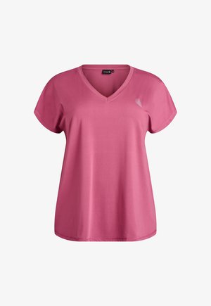 Ružová V-krčný tričko s krátkymi rukávmi, vyrobené z mäkkého materiálu. Obsahuje malý logotyp na ľavej hrudnej časti. Hladký povrch, uvoľnený strih.