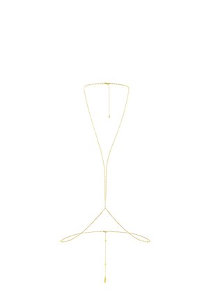 Goldene Kettenhalskette mit einem minimalistischen Design in dreieckiger Form, akzentuiert mit kleinen Perlen und einem Tropfenanhänger in der Mitte.