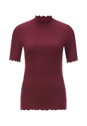Haut bourgogne à manches courtes avec un col froncé haut, texture à côtes et bords festonnés aux manches et à l'ourlet. Design ajusté.