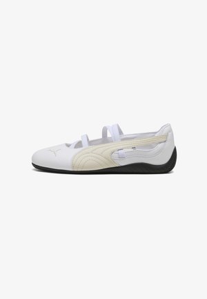 White ballet flat with a light beige side panel, elastic straps, smooth leather texture, and black rubber sole. Puma logo on the toe.