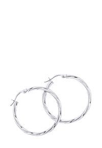 Sidabrinės auskarai su suktiniu dizainu. Pasižymi lengvu, lygiu paviršiumi ir saugiu užsegimu, matmenys - maždaug 3,8 cm skersmens.