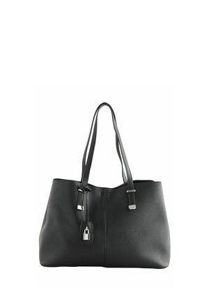 Black leather tote bag with two long handles, a smooth texture, a rectangular shape, and a small silver lock detail on the side.