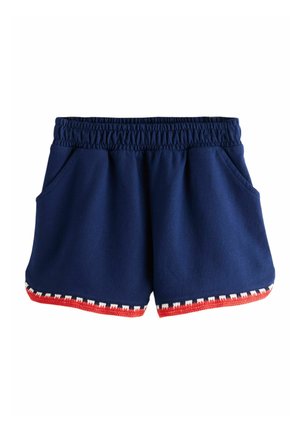 Navy blue shorts with elastic waistband, side pockets, and red, white, and blue trim along the bottom hem.