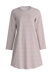 Gestreepte jurk met lange mouwen, ronde halslijn, lichte roze basis en donkere strepen. Losse pasvorm, reikt onder de knieën. Zachte textuur.