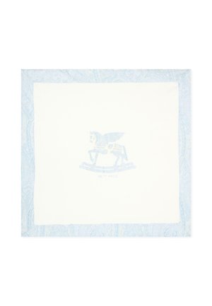 Foulard quadrato bianco con bordo paisley azzurro chiaro e logo centrale a cavalluccio a dondolo sopra la parola "ETRO" in azzurro pallido.