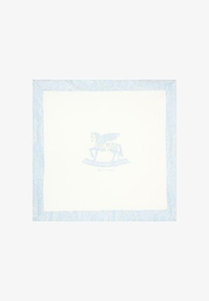 Foulard quadrato bianco con bordo paisley azzurro chiaro e logo centrale a cavalluccio a dondolo sopra la parola "ETRO" in azzurro pallido.