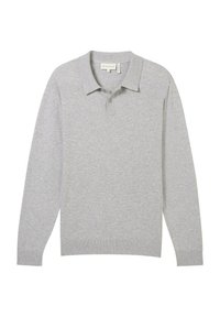 Lichtgrijze long-sleeve polo met een klassieke kraag, gemaakt van zacht materiaal, voorzien van een twee-knopen placket en geribbelde manchetten.