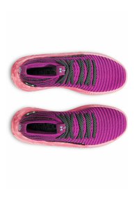 Purple knit athletic shoes with black striped details, pink sole, and textured fabric. Features a logo on the tongue and a streamlined design.