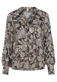 Bluza z dolgimi rokavi iz temnega blaga s cvetličnim vzorcem v krem, roza in zeleni barvi. Ima ovratnik in sprednje gumbe, z gathered podrobnostmi na rokavih.