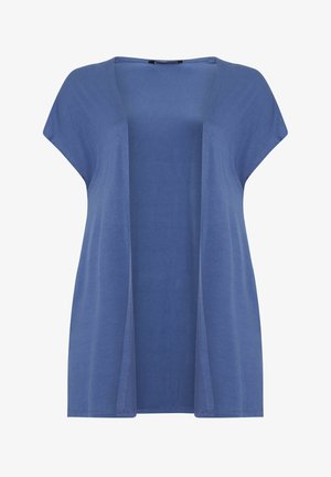 Niebieski kardigan z krótkim rękawem, otwarty z przodu, o luźnym kroju i lekkim materiale.