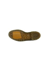 Suola di scarpa con una superficie testurizzata e antiscivolo. Materiale in gomma, con rilievi e un logo centrale, prevalentemente marrone con un'accenno arancione.
