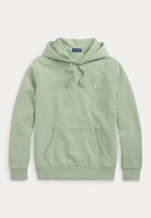Sweat à capuche vert clair avec poche avant, cordons et petit logo brodé sur la poitrine gauche.