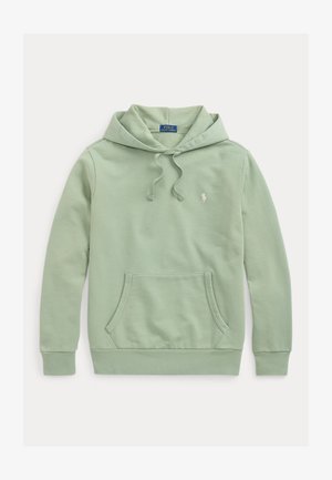 Sweat à capuche vert clair avec poche avant, cordons et petit logo brodé sur la poitrine gauche.