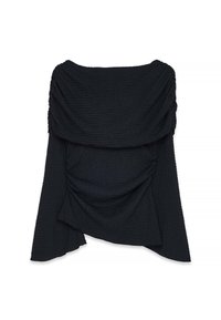 Čierny, textúrovaný top s drapovaným výstrihom a riasením. Dlhé rukávy sa k hemu zužujú, čím vytvárajú voľný strih.