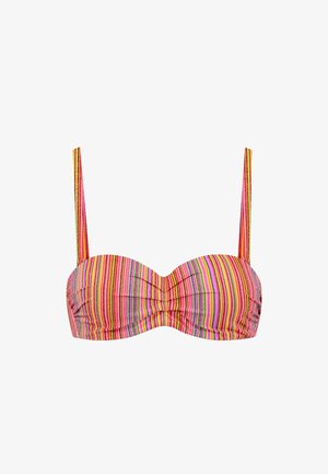 Pruhovaná bikiny podprsenka z elastického materiálu v růžových, žlutých a zelených tónech. Obsahuje nařasené střední část a štíhlé nastavitelné ramínka.