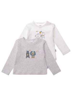 Two long-sleeve T-shirts: one white with animal graphics, one gray with animal illustrations. Both made of soft cotton, features snap fasteners.