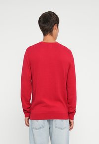 Pull rouge col rond avec des manches longues, bords côtes aux poignets et à l'ourlet, fabriqué en un tissu tricoté lisse. Porté avec un jean bleu clair.