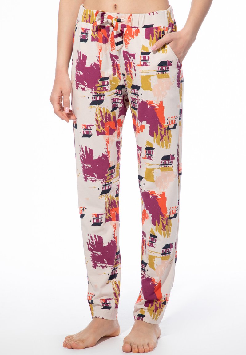 Leichte, gemusterte Lounge-Hosen in cremiger Farbe mit abstrakten Formen in Lila, Orange und Gelb; verfügen über einen elastischen Bund und seitliche Taschen.