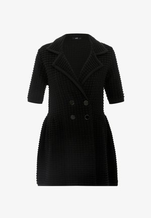 Schwarzer beschichteter Mantel mit doppelreihigem Design, kurzen Ärmeln und prominentem Kragen. Mit Knopfdetails und strukturiertem Schnitt.