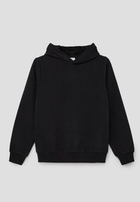 Zwarte hoodie van zacht katoen, voorzien van een kangoeroe-applicatie, geribbelde manchetten en zoom, met een relaxed fit en grote capuchon.