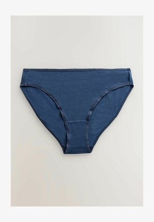 Tamsiai mėlyni medvilniniai kelnaičiai su lygia tekstūra, elastinga juosta ir siuvinėjimu aplink kraštus, su klasikinio kirpimo dizainu.