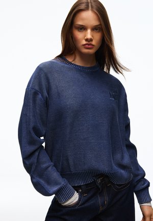 Ung kvinde med glat brunt hår bærer en løs mørkeblå sweater over en hvid skjorte og mørke jeans, står foran en hvid baggrund.