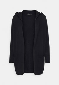 Svart hoodie-liknande cardigan i mjukt stickat material. Har långa ärmar, öppen front och två framfickor. Enkel, minimalistisk design.