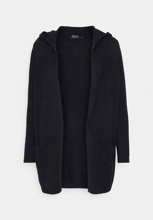 Schwarze Kapuzenstrickjacke aus weichem Strickmaterial. Verfügt über lange Ärmel, offene Vorderseite und zwei Fronttaschen. Einfaches, minimalistisches Design.