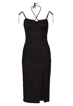 Musta hihaton midimekko ohuilla olkaimilla, ympäripyörivällä halter-nauhalla, V-pääntiellä ja edessä oleva reisihatulla.