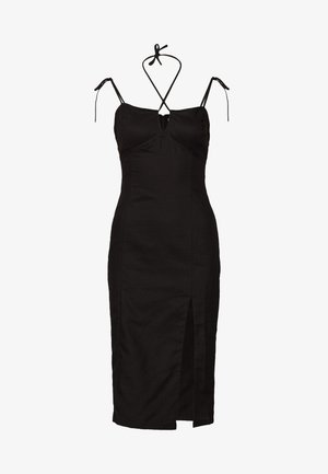 Robe midi noire sans manches avec fines bretelles, lien tour de cou à nouer, encolure en V et fente avant cuisse.