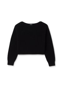 Schwarzer, kurz geschnittener Pullover mit geripptem Muster, weitem runden Ausschnitt und langen Ärmeln. Hat ein einfaches Design ohne Muster oder Verzierungen.