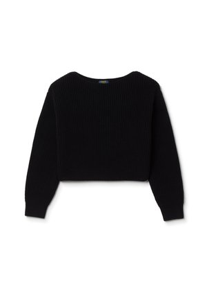 Schwarzer, kurz geschnittener Pullover mit geripptem Muster, weitem runden Ausschnitt und langen Ärmeln. Hat ein einfaches Design ohne Muster oder Verzierungen.
