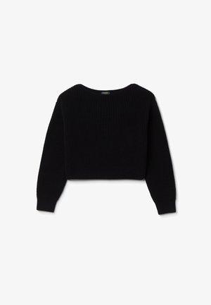 Maglione nero corto con una texture a coste, collo rotondo ampio e maniche lunghe. Presenta un design semplice senza fantasie o decorazioni.